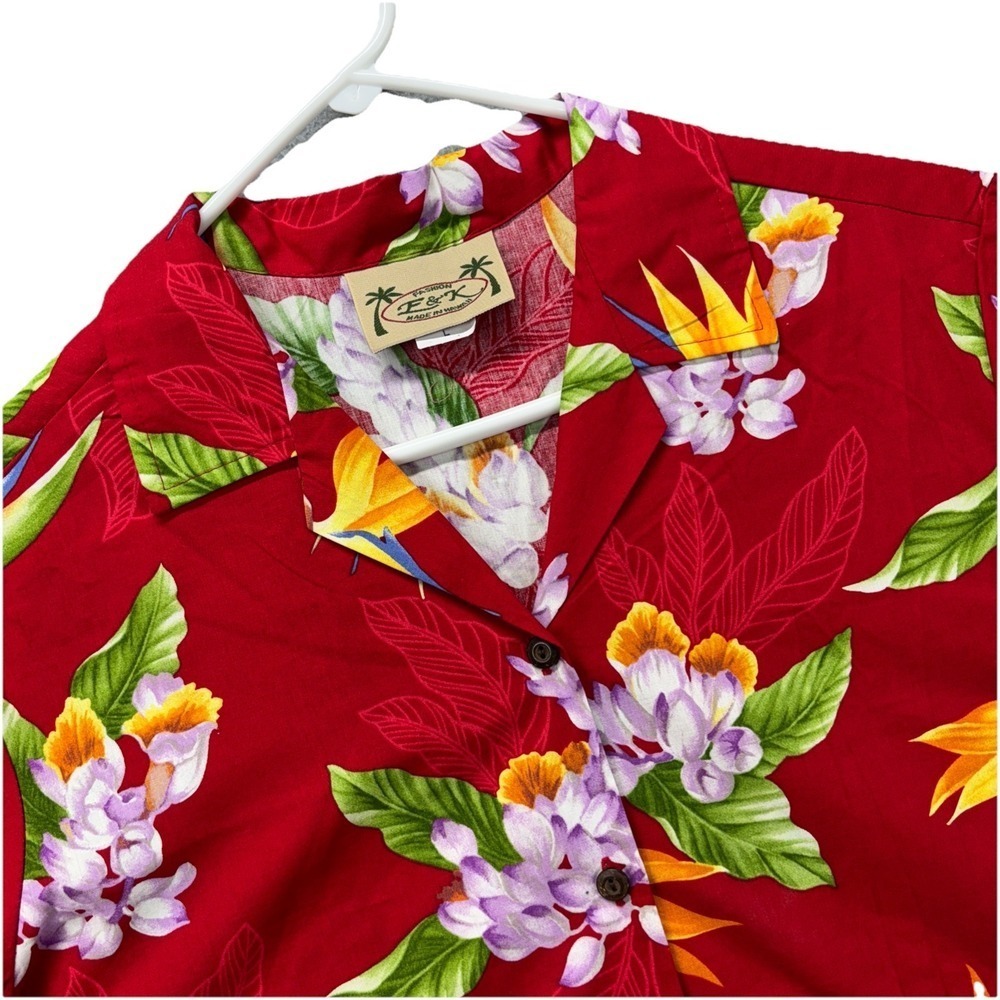VTG E&K Fashion‎ Hawaiian Shirt Mens L Red Floral Button Up Made In USA Aloha